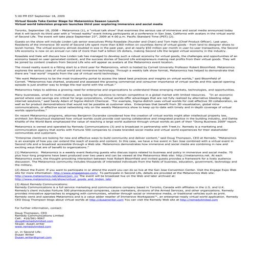 Metanomics Fall Season Press Release