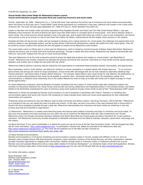 Metanomics Fall Season Press Release