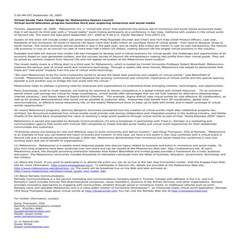 Metanomics Launches Third Season Exploring Serious Uses of Virtual Worlds