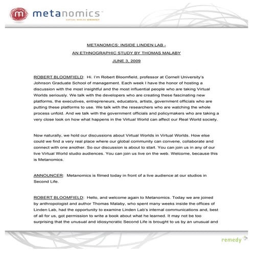 Metanomics Transcript, June 3 2009, Inside Linden Lab