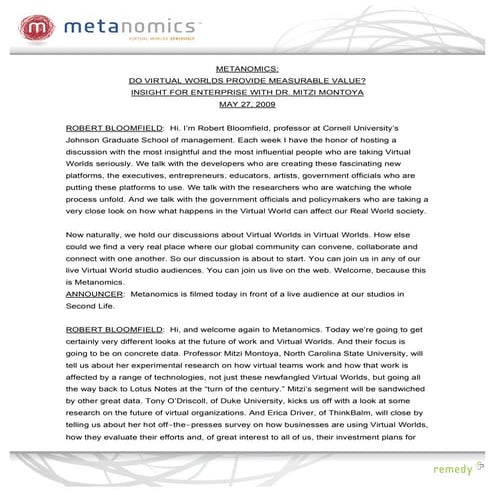 Metanomics Transcript May 27 2009, Measuring Value in Virtual Worlds