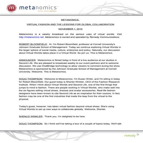 Metanomics: Virtual Fashion and the Lessons for Global Collaboration