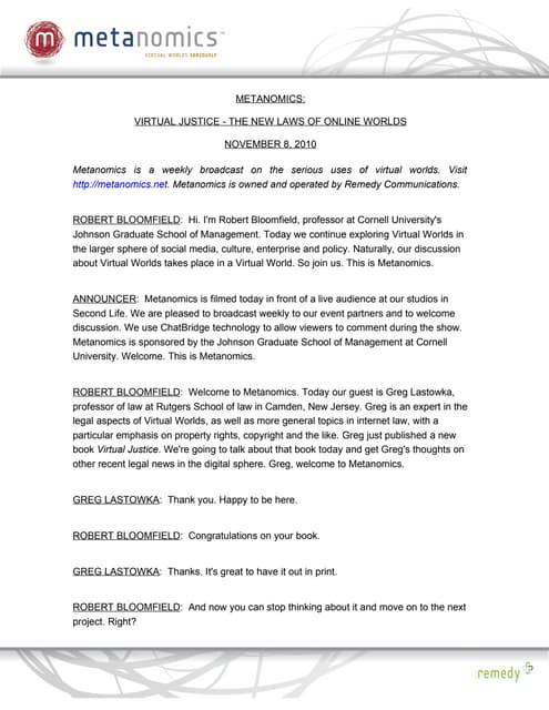 Metanomics - Virtual Justice, the New Laws of Virtual Worlds