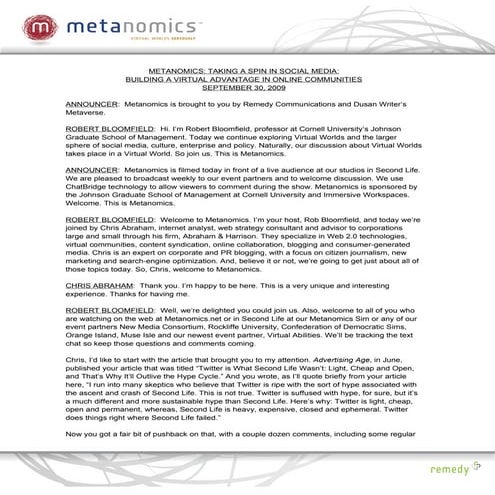 Metanomics Transcript Oct 1 09
