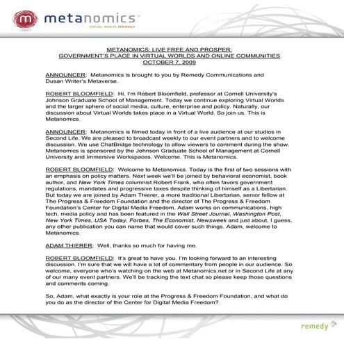 PDF: Live Free and Prosper: Metanomics Transcript October 8 2009