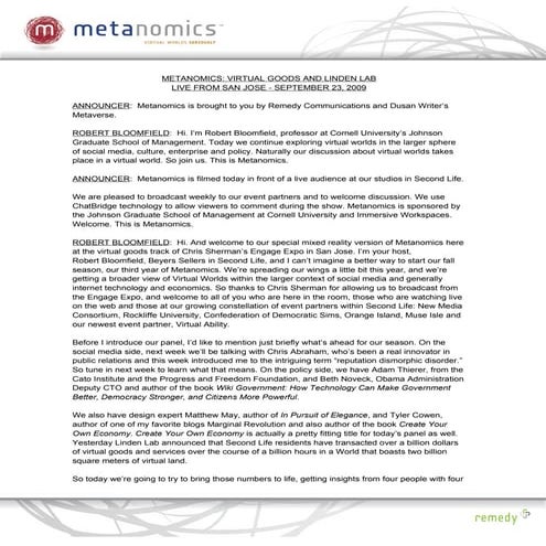 Virtual Goods Live from San Jose: Metanomics Transcript September 24, 2009