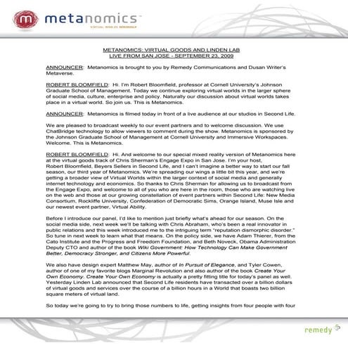 PDF: Virtual Goods Live from San Jose: Metanomics Transcript September 24, 2009