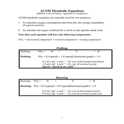 ACSM Metabolic Equations
