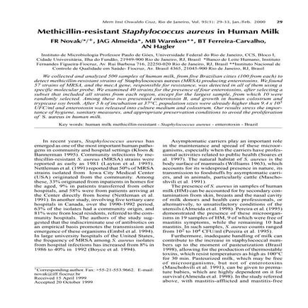 Methicillin Resistant Staphylococcus Aureus In Human Milk