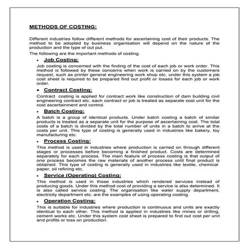 METHODS & TECHNIQUES OF COSTING