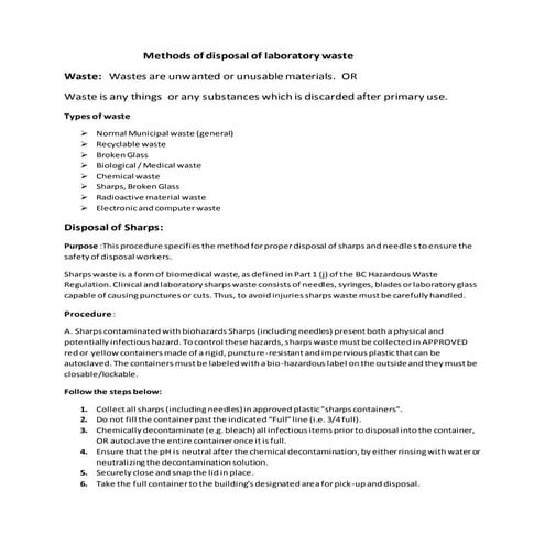 Methods for  disposal of laboratory waste