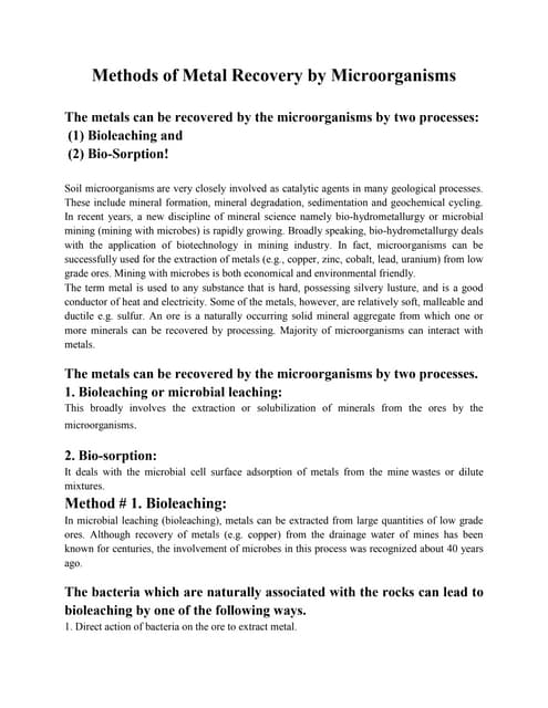 Methods of metal recovery by microorganisms
