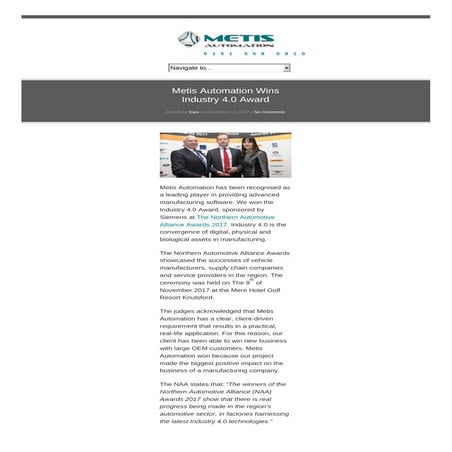 Metis automation wins industry 4.0 award