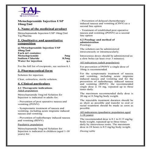 Metoclopramide Injection USP Taj Pharma SmPC | PDF