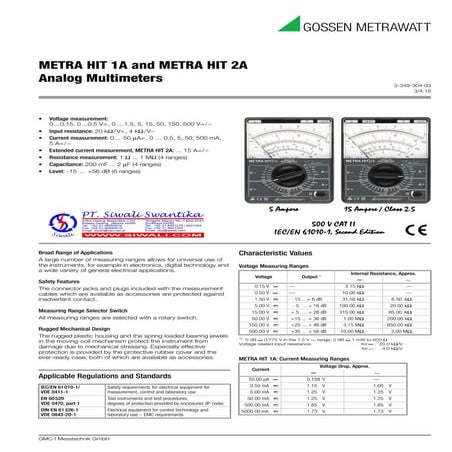 Data Teknis Gossen Metrawatt Analog Multimeter : METRAHIT 1 A & METRAHIT 2A