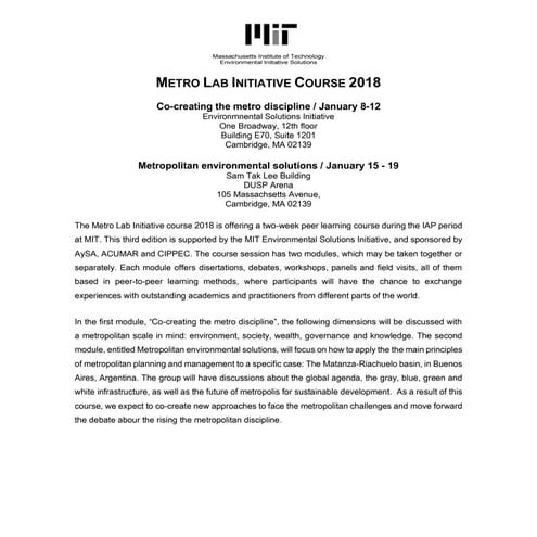 Brochure MIT Metro Lab Initiative Course 2018 (Boston-Massachusetts, USA)