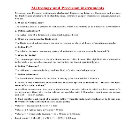 Mechanical Engineering Technical Interview Q & A Metrology and ...
