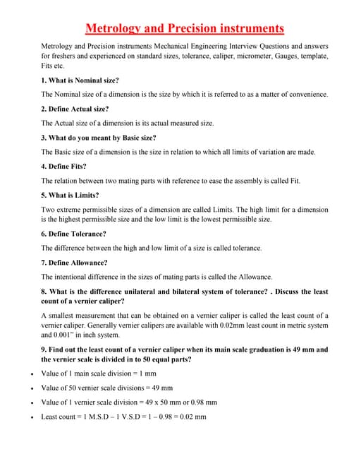 Mechanical Engineering Technical Interview Q A Metrology And Precision Instruments Pdf Mechanical Engineering Technical Interview Q A Metrology And Precision Instruments Pdf