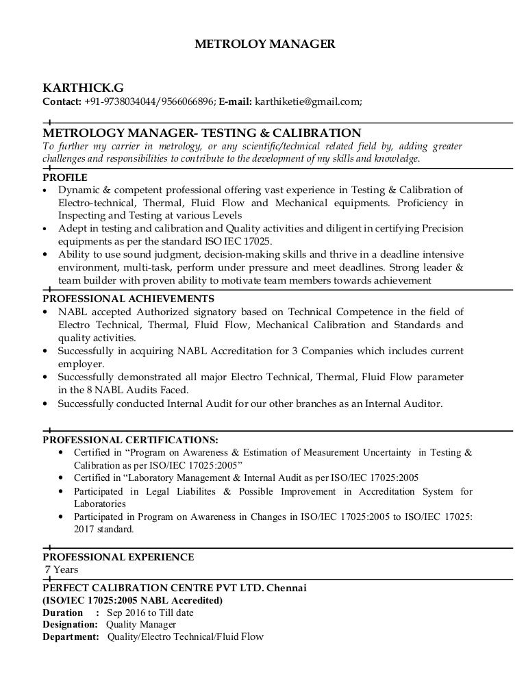 Metrology manager resume