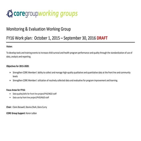 M&E WG FY16 Work Plan