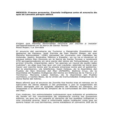 MEXICO: Frenan proyecto. Cautela indígena ante el anuncio de que se cancela p...