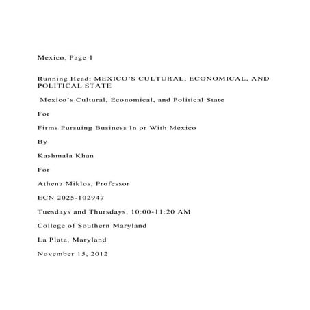 Mexico, Page 1  Running Head MEXICO’S CULTURAL, ECONOMI.docx