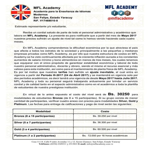 MFL Academy - Ajuste Inflacionario (Mayo a Julio 2017)