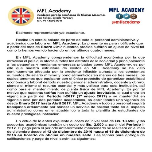MFL Academy | Ajuste Pago de Nivel | Desde Periodo I-2017