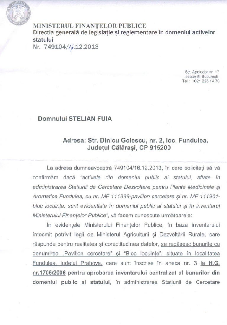 Ministerul Finantelor Publice Raspuns Privind Imobilele StaÅ£iunea D