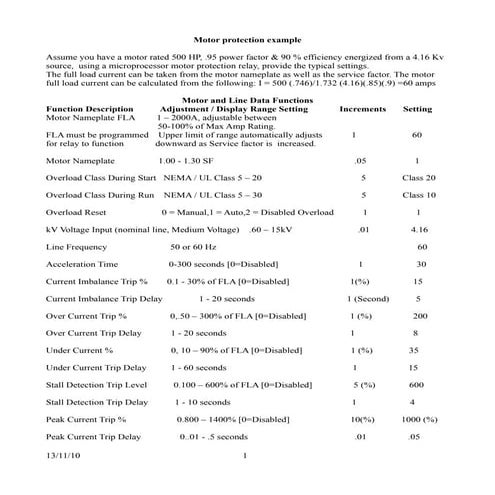 Motor & generator protection example settings