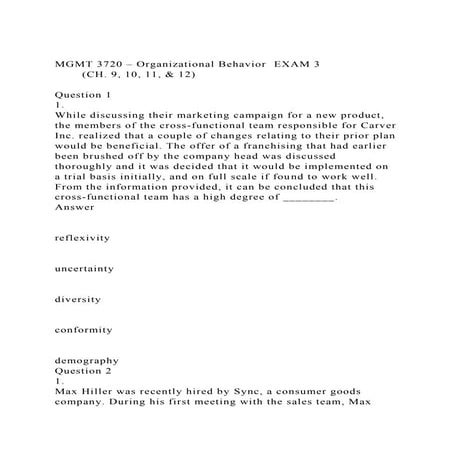 MGMT 3720 – Organizational BehaviorEXAM 3(CH. 9, 10, 11, & 12).docx