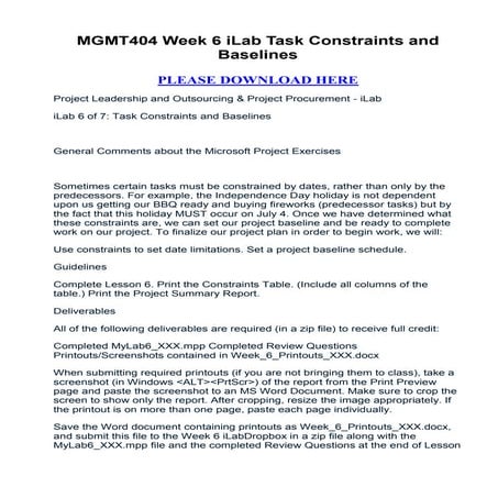 Mgmt404 week 6 i lab task constraints and baselines | PDF