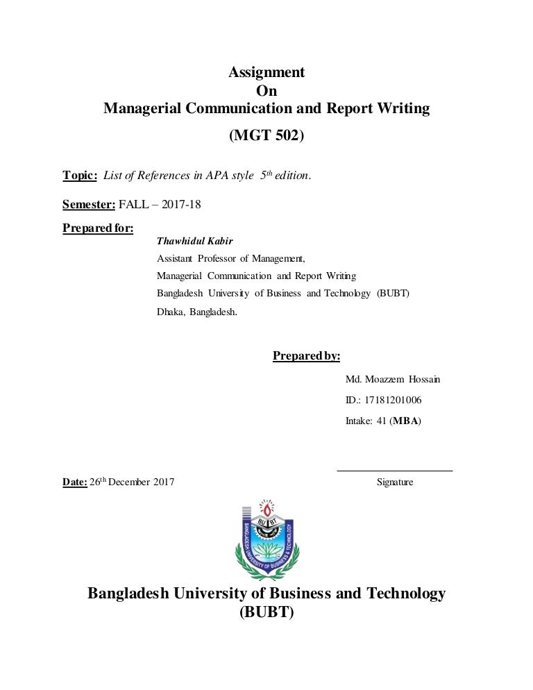 (Mgt 502) list of references in apa style 5th edition.