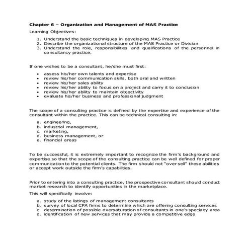 Chapter 6 - Organization and Management of MAS Practice