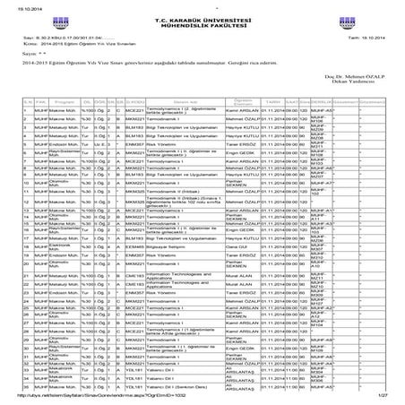 Mühendislik Fakültesi Güz Vize Tarihleri Pdf