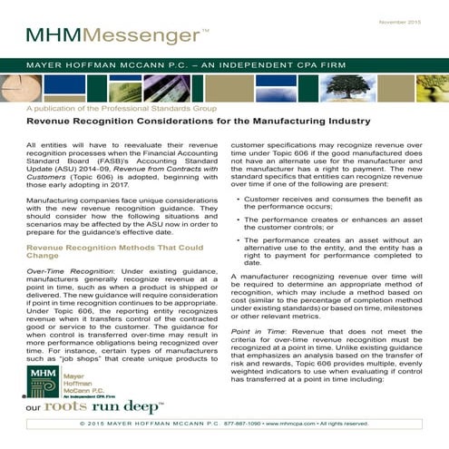 MHM Messenger: Revenue Recognition Considerations for the Manufacturing Industry
