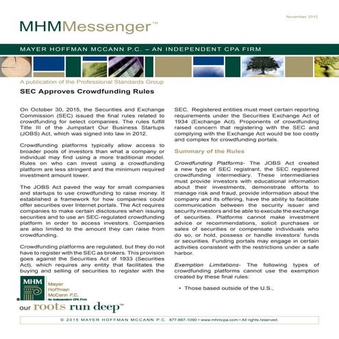 MHM Messenger: SEC Approves Crowdfunding Rules