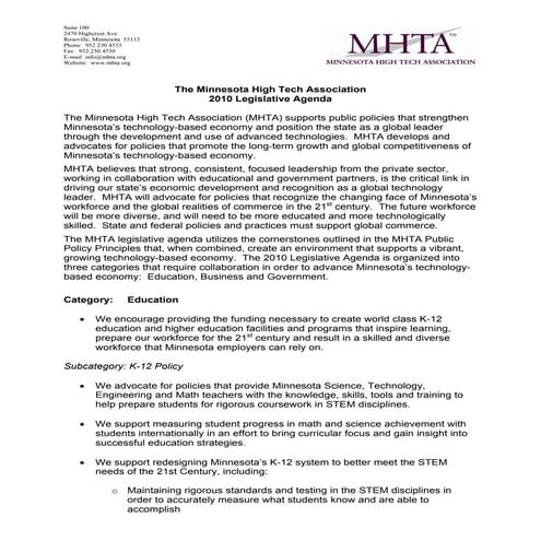 MHTA 2010 Legislative Agenda