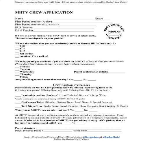 MHYV Crew Application