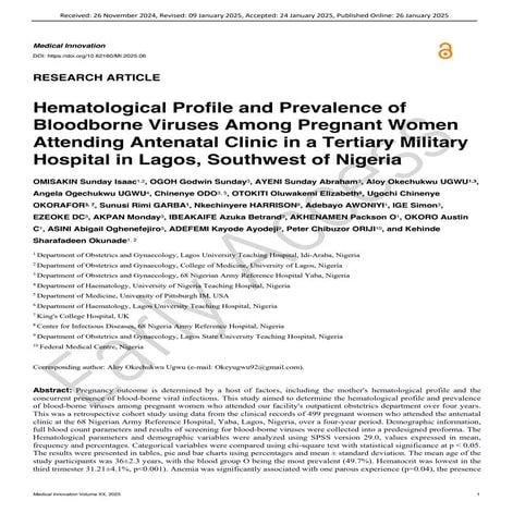 Hematological Profile and Prevalence of Bloodborne Viruses Among Pregnant Women Attending Antenatal Clinic in a Tertiary Military Hospital in Lagos, Southwest of Nigeria