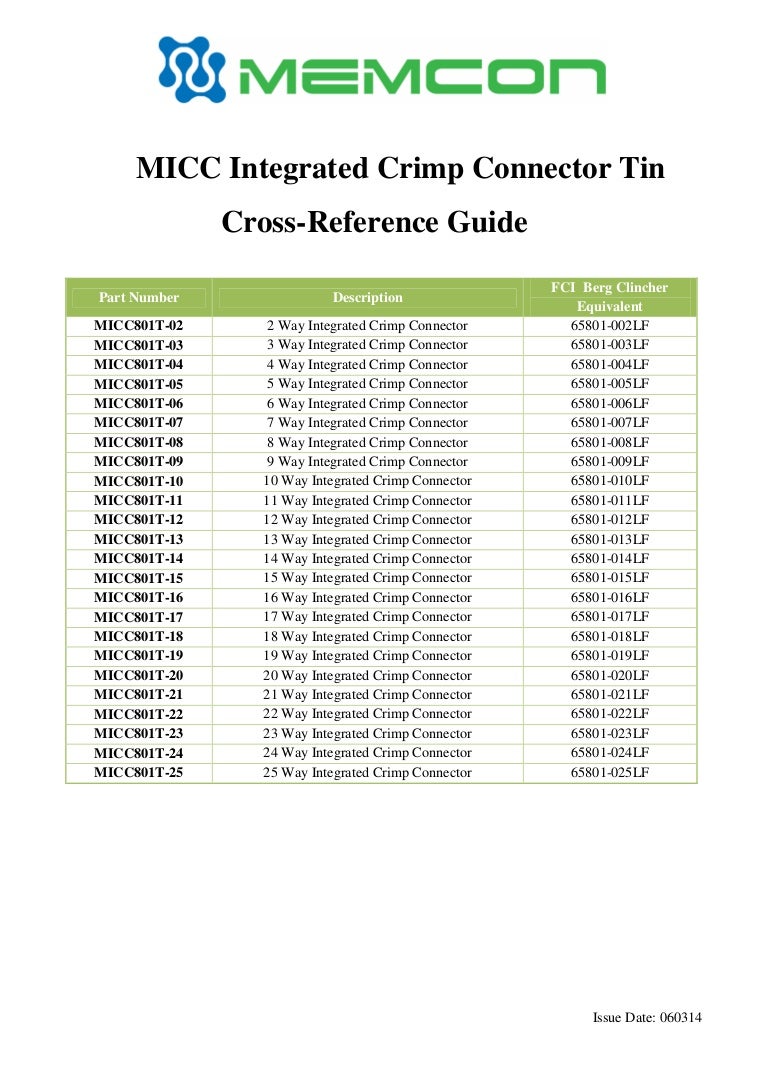 Memcon Micc integrated crimp connector tin cross reference guide