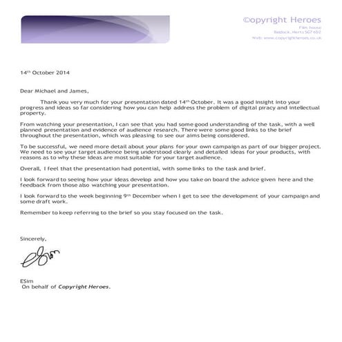 Michael and james feedbck letter