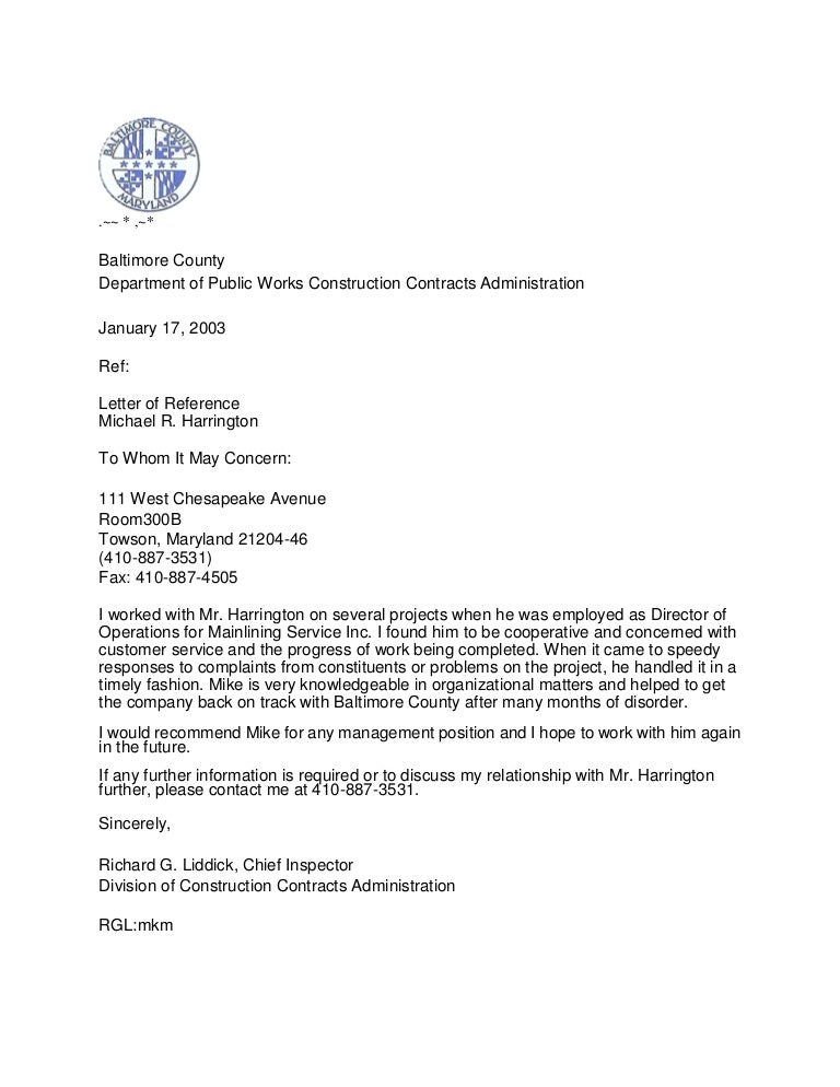 michael harrington baltimore county md recommendation letter cover letter for public works position