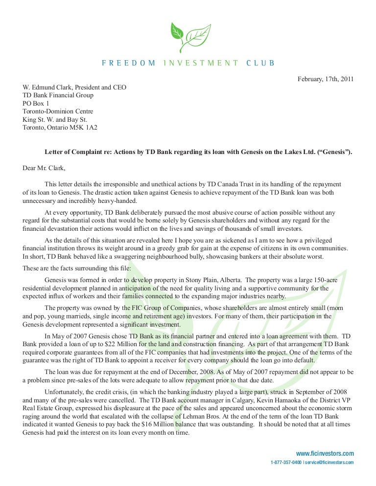 michael lathigee writes letter of complaint to td bank sampe cover letters