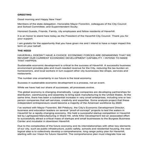 Michitson inuguration speech for haverhill city council president 010614