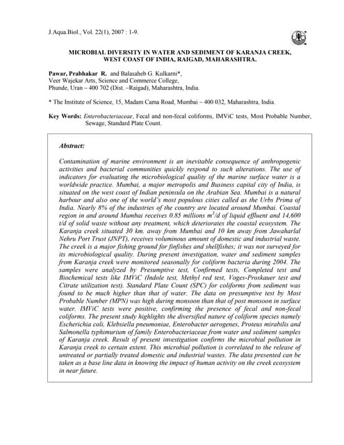 Microbial diversity in water &amp; sediment of karanja creek