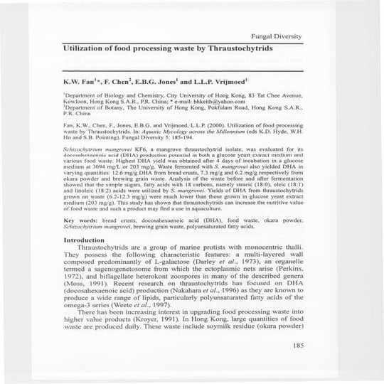 Utilization of food processing waste by Thraustochytrids