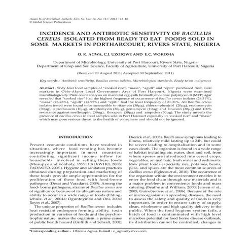 Bacillus cereus - contamination in food | PDF