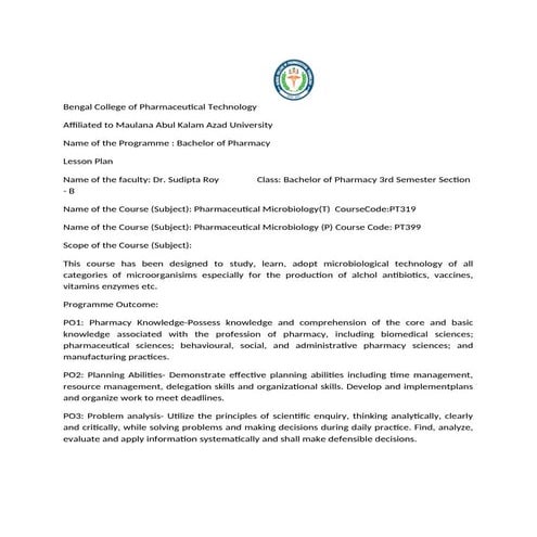B.Pharm Microbiology lesson planning2024