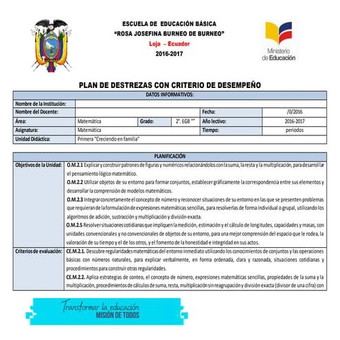 Plan de destrezas Unidad 1 Matematica 2do grado